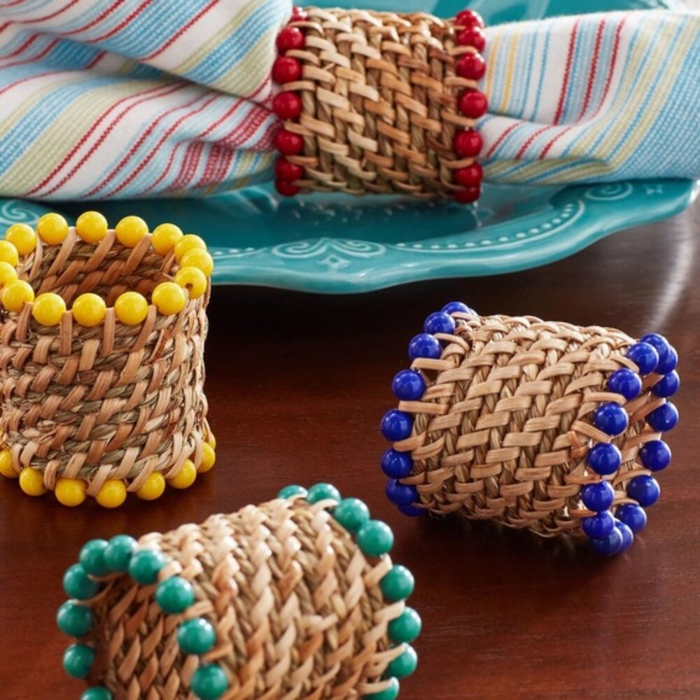 THE PIONEER WOMAN COUNTRY WESTERN BOHO COLORFUL BEADED NAPKIN RINGS SET of 4 NWT